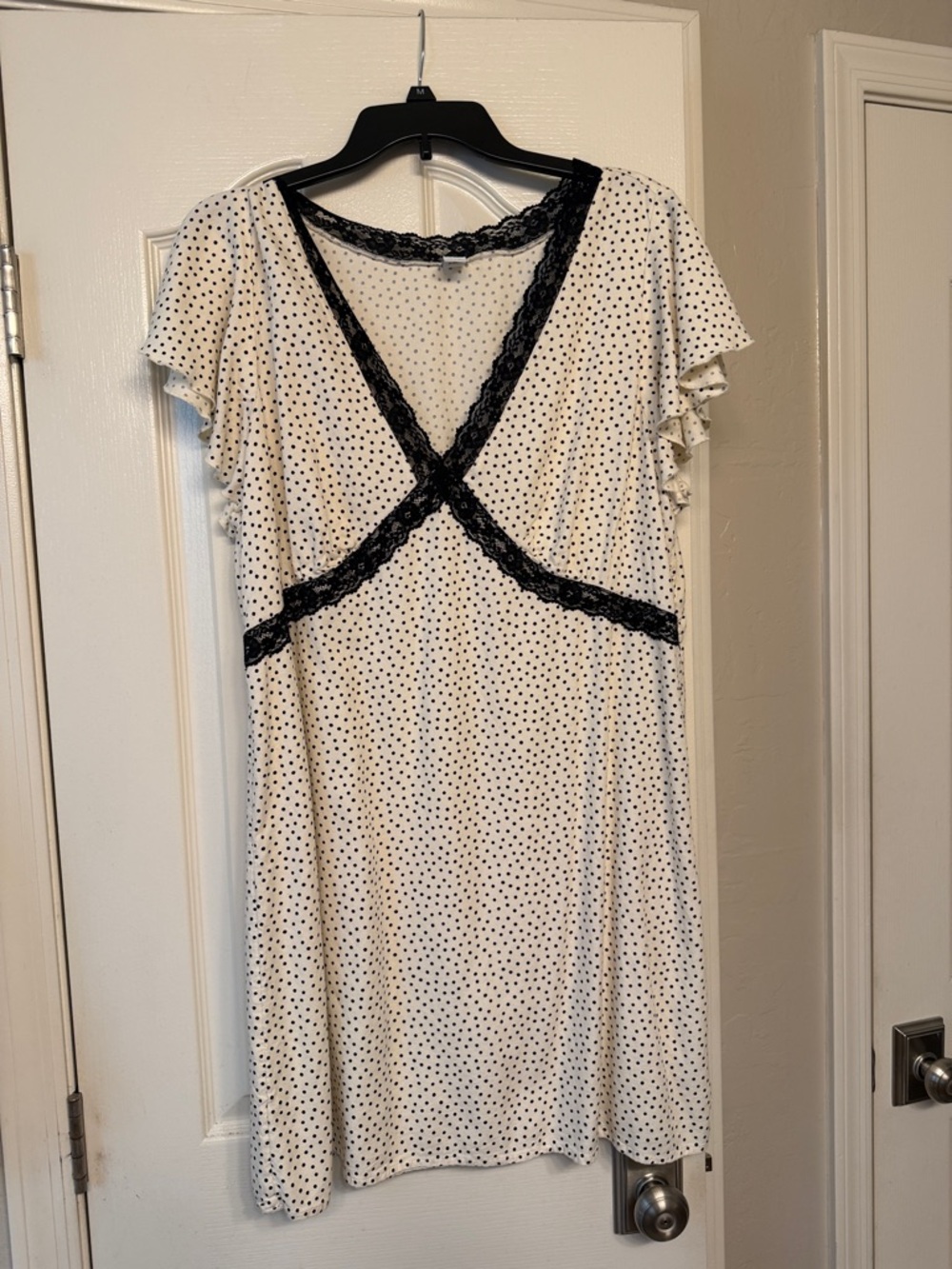 Ivory and Black Polka Dot Mini Dress with Lace Trim